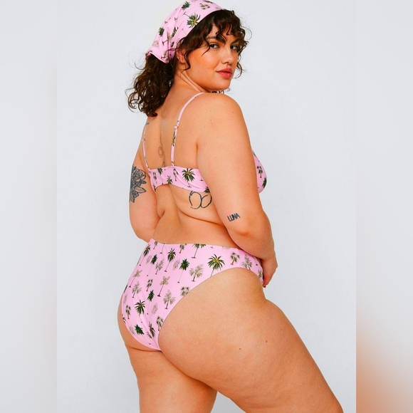 Plus Size Bikini Bundle 3 Piece Palm Trees PINK Matching Headscarf Set 2X NWT - Picture 7 of 8